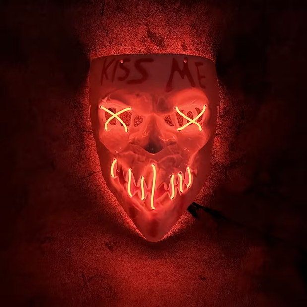 Masque démon LED Kiss Me allumé avec éclairage rouge, usage adulte 18+