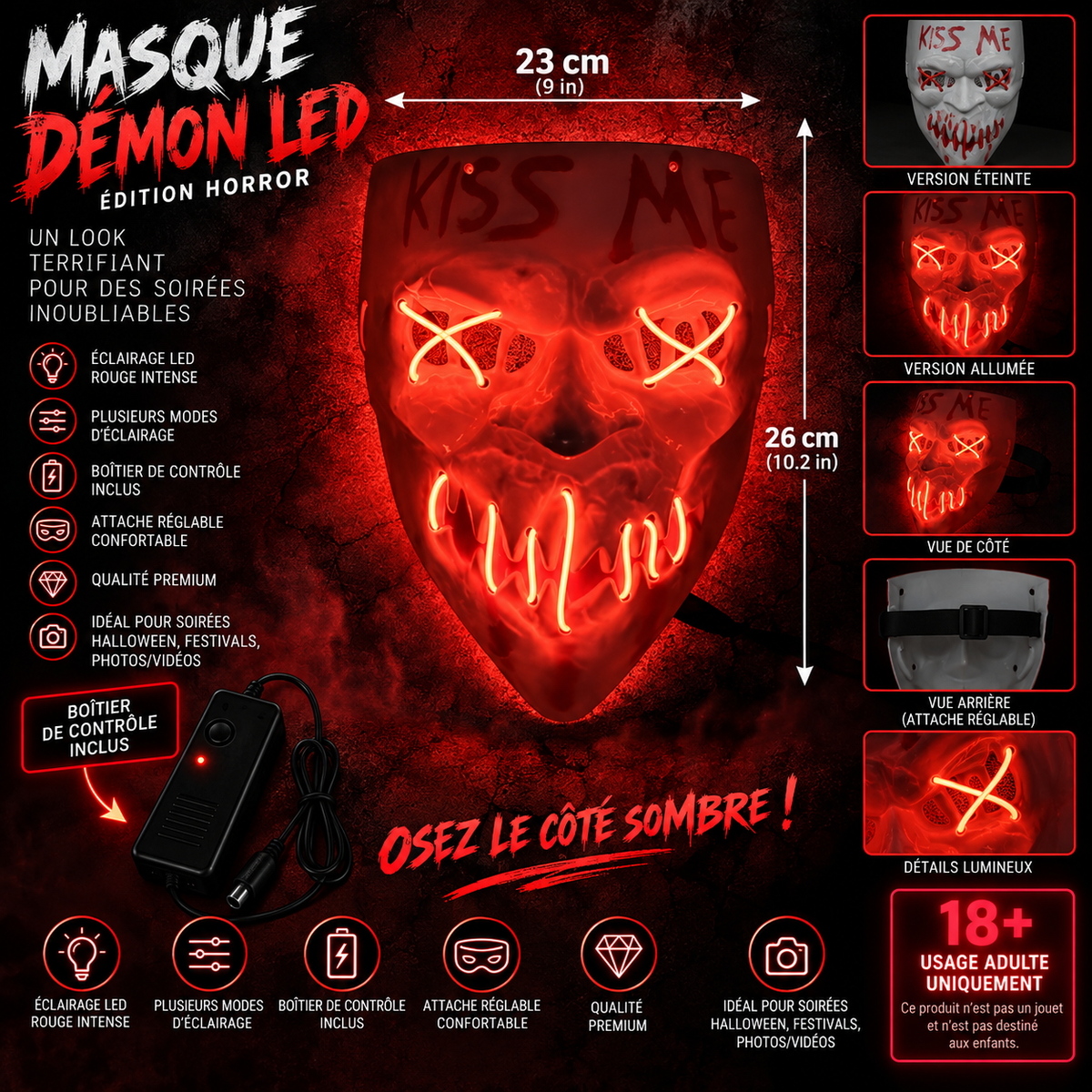Présentation premium du masque démon LED Kiss Me avec boîtier de contrôle et avertissement 18+