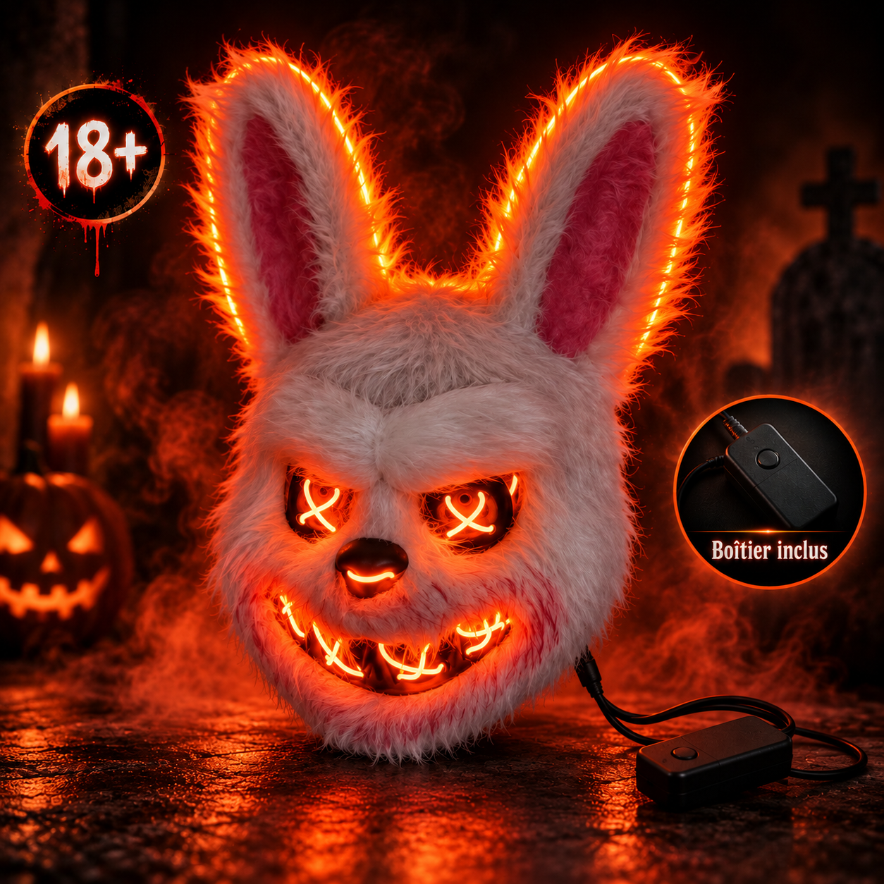 Masque lapin LED orange en ambiance Halloween sombre, usage adulte 18+