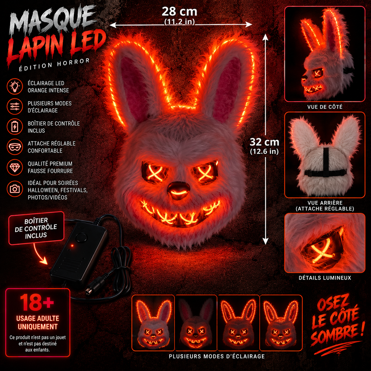 Masque lapin LED Halloween orange 28 x 32 cm avec boîtier de contrôle inclus et avertissement 18+ usage adulte