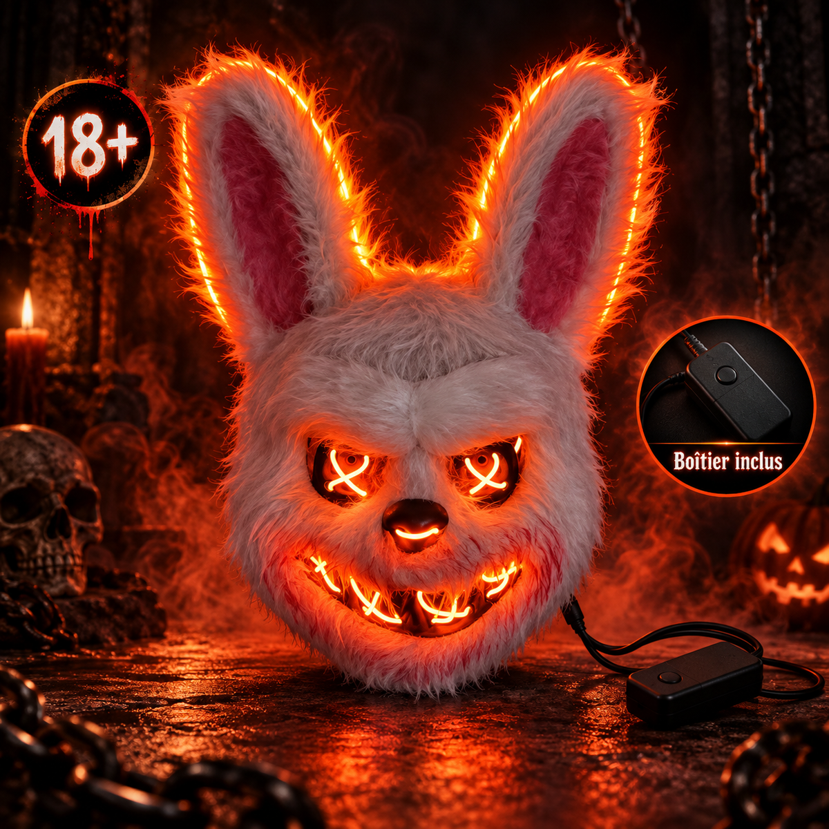Masque lapin LED Halloween orange avec boîtier de contrôle inclus et avertissement 18+ usage adulte