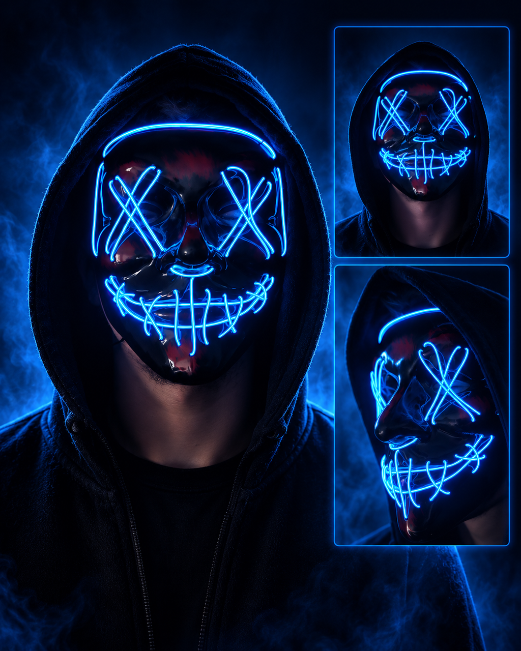 Présentation du masque LED Halloween bleu avec vues de face et de profil