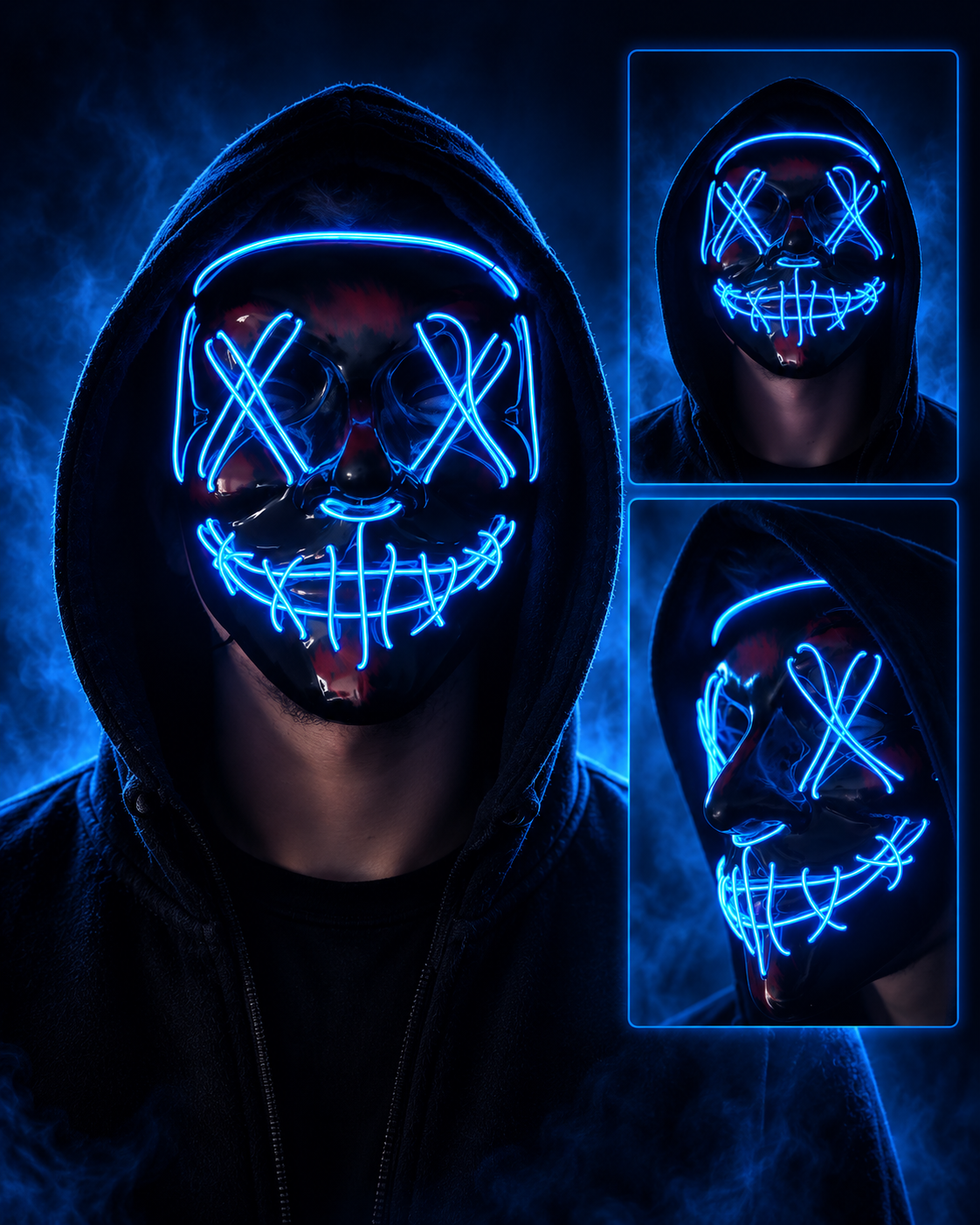 Présentation du masque LED Halloween bleu avec vues de face et de profil