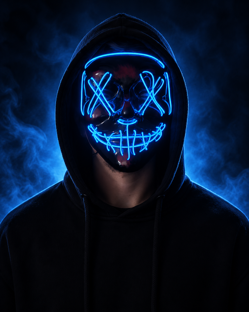 Masque LED Halloween bleu à yeux en X et sourire lumineux, porté avec capuche noire