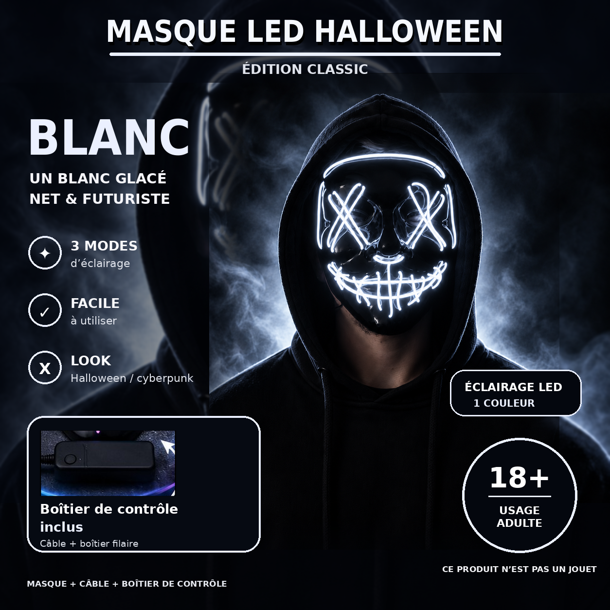 Masque LED Halloween Classic Blanc avec boîtier de contrôle inclus et avertissement 18+ usage adulte