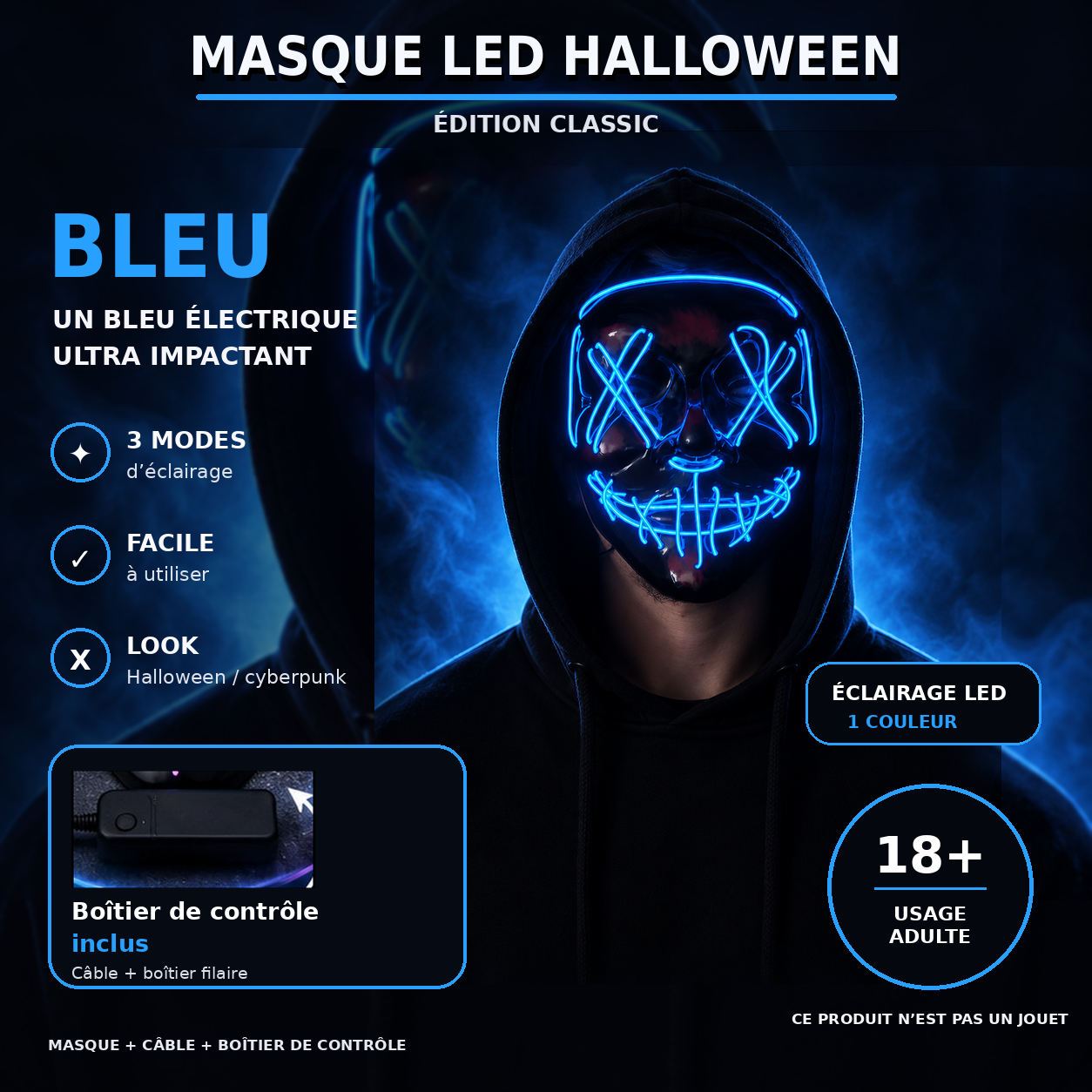 Masque LED Halloween Classic Bleu avec boîtier de contrôle inclus et avertissement 18+ usage adulte