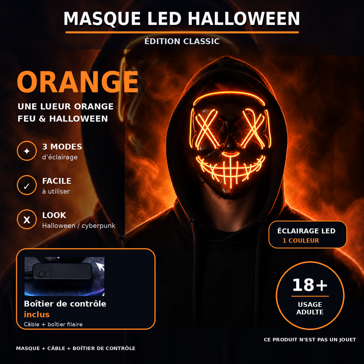 Masque LED Halloween Classic Orange avec boîtier de contrôle inclus et avertissement 18+ usage adulte