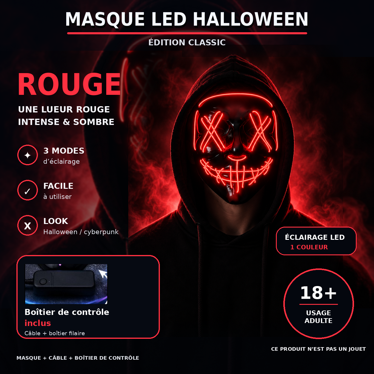 Masque LED Halloween Classic Rouge avec boîtier de contrôle inclus et avertissement 18+ usage adulte
