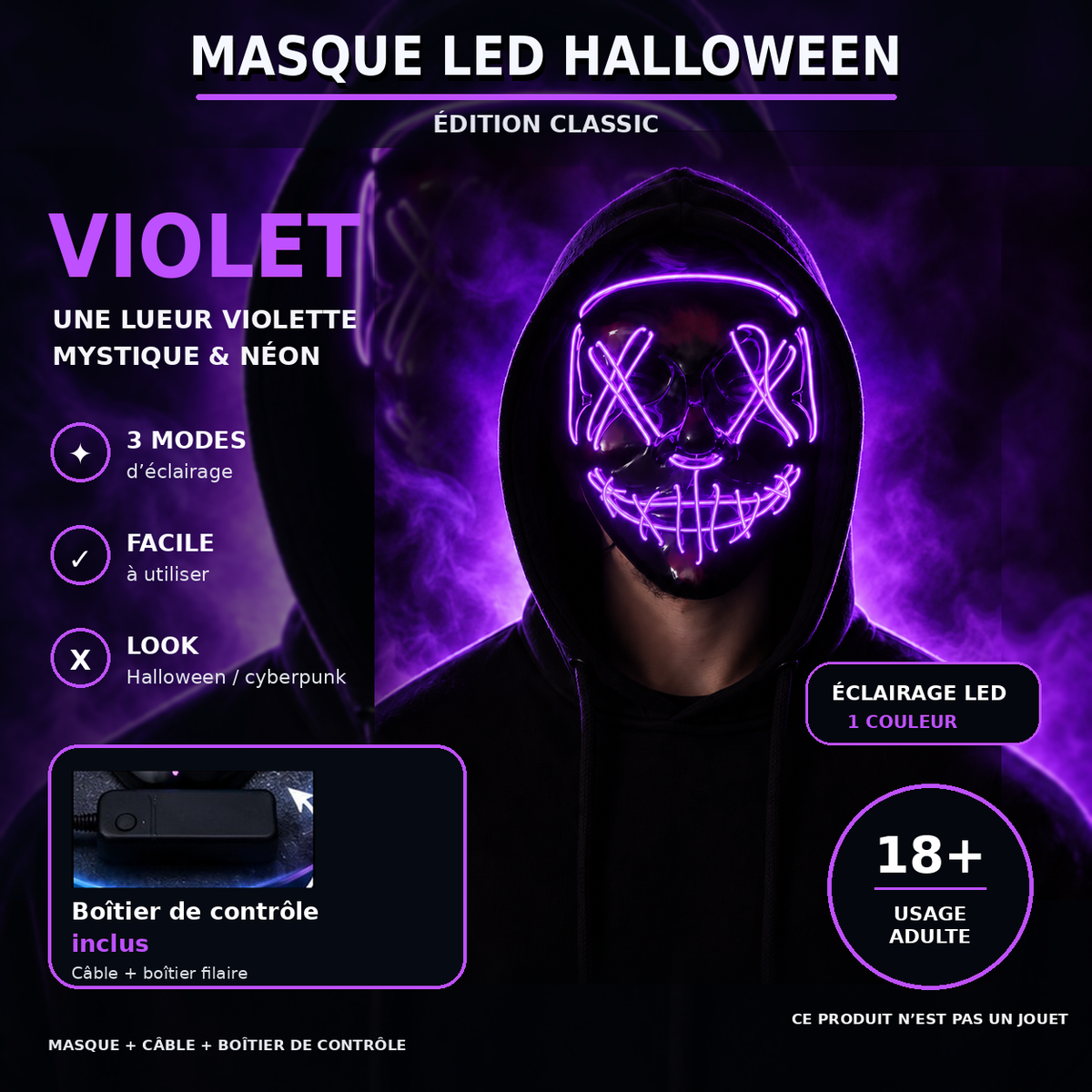 Masque LED Halloween Classic Violet avec boîtier de contrôle inclus et avertissement 18+ usage adulte