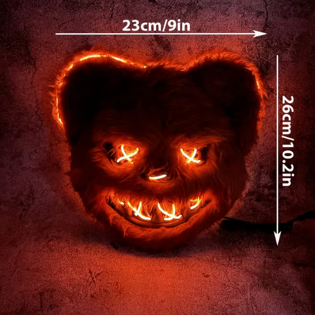 Dimensions réelles du masque nounours LED Halloween orange : 23 cm de large et 26 cm de haut