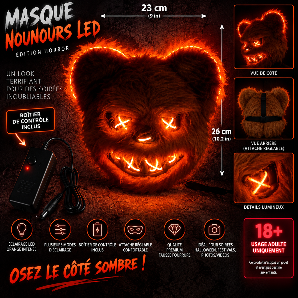 Masque nounours LED Halloween orange 23 x 26 cm avec boîtier de contrôle inclus et avertissement 18+ usage adulte