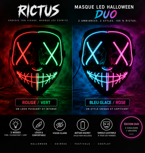 Masque LED Halloween RICTUS Duo Rouge Vert et Bleu Glace Rose
